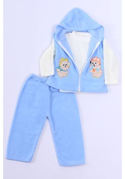 Hçm Bebek Polar 3lü Takım Kapşonlu Fermuarlı Nakışlı C23 mavi