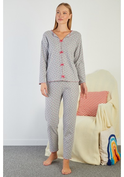 Fullamoda Çiçek Desenli V Yaka Pijama Takımı Gri