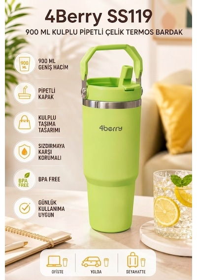 Ss119 900 Ml Çelik Termos Bardak Pipetli Kulplu Taşınabilir Su Matarası Yeşil