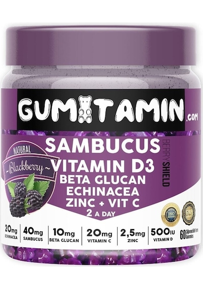 Gumitamin Sambucus Multivitamin Karamürver, Vitamin C+d3, Çinko, Beta Glukan Doğal Böğürtlen Aromalı