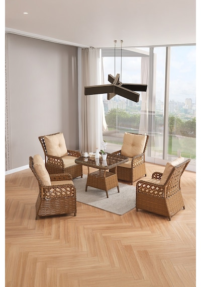 Duru 4 Kişilik Rattan Bahçe Balkon Mutfak Masa Takımı Kahve Kahverengi