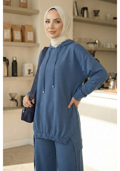 Bestenur Kapüşonlu Tunik Pantolon Takım 1682 - İndigo İndigo