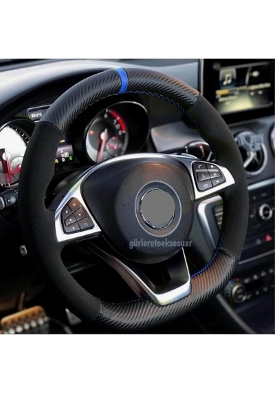 Volkswagen Polo (2014-2018) Dikmeli Direksiyon Kılıfı Carbon Desenli-alkantra Mavi