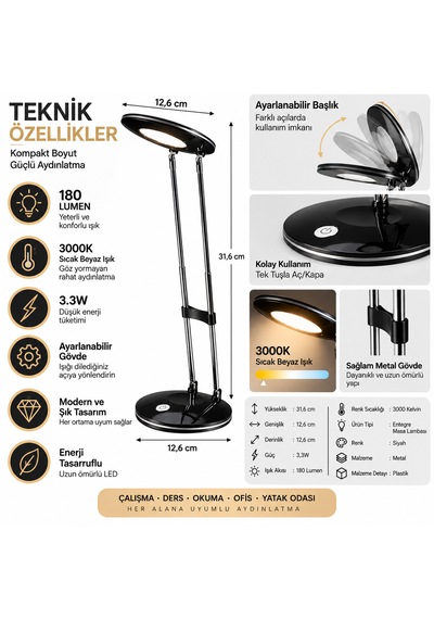 Led Masa Lambası 3.3w 180 Lumen 3000k Sıcak Siyah Ayarlanabilir Başlıklı Çalışma Ve Ders Lambası