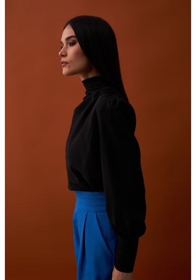 Sateen Drape Detaylı Bluz - Siyah