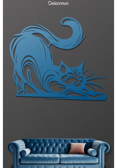 Dekoratif Metal Kedi Duvar Tablosu - Metal Duvar Sanatı - Mavi - 75 X 60 Cm