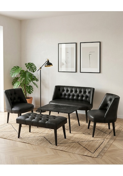 Milano Siyah Deri Çay Seti Koltuk Takımı 2+1+1 Bench Sehpa Dahil Ofis Balkon Kuaför Bekleme Takımı