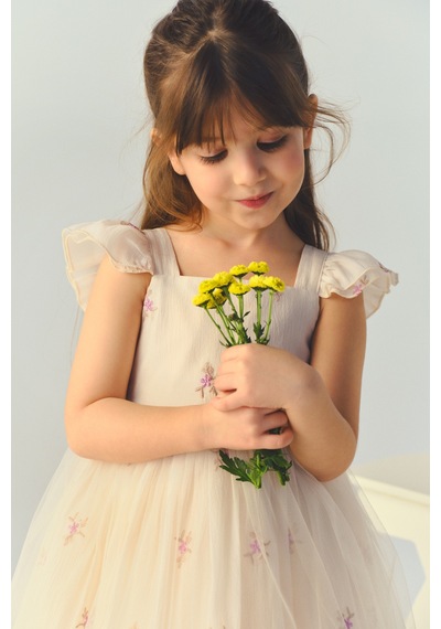 Panço Kız Bebek / Çocuk Çiçek Desenli Tül Ekru Abiye Elbise 2611gb94021 Krem