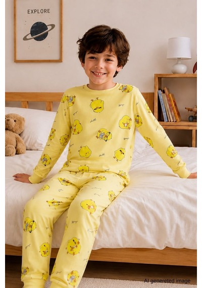 Erkek Çocuk Yeni Sezon Pamuklu Desenli Pijama Takım Tkm1022 Sarı