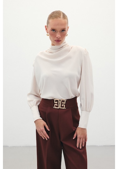 Sateen Drape Detaylı Bluz - Bej