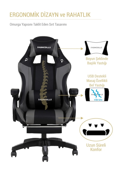 Fashcolle Dynamic Masajlı Gri-Siyah Oyuncu Koltuğu