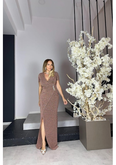 Ges Moda G1125 Taş Detaylı Maksi Abiye Elbise Bronz-bronz Bronz