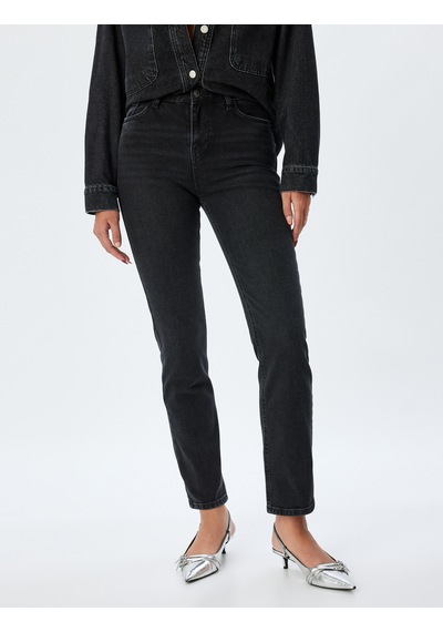 Koton Yüksek Bel Kot Pantolon Slim Fit Düz Paça Düğmeli Pamuklu - Slim Straight Fit Jean Antrasit 5wal40037md Antrasit