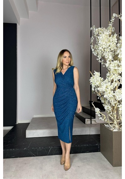 Ges Moda G0909 Drape Detaylı Simli Abiye Elbise Petrol-petrol