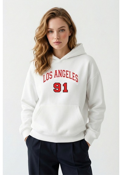 Uyguntarz Unisex Yumuşak Dokulu Los Angeles 91 Baskılı Tasarım Oversize 3 İplik Hoodie Sweatshirt beyaz