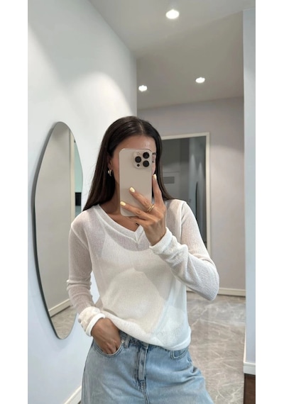Wear Vexel Kadın V Yaka Uzun Kollu Triko İnce Bluz - Beyaz Çok Renkli Wear Vexel Kadın V Yaka Uzun Kollu Triko İnce Bluz - Beyaz Çok Renkli