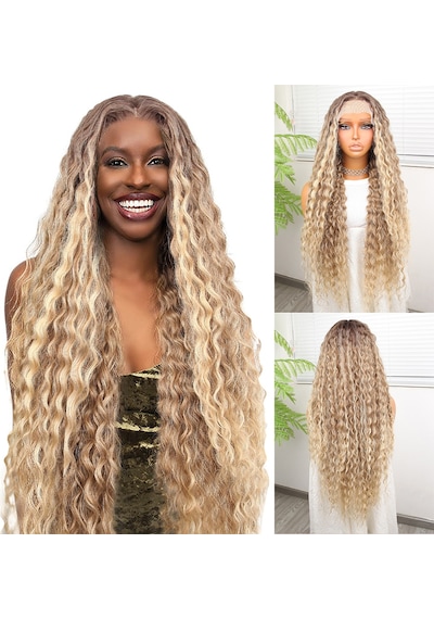 Afro Dalga Kumral Balköpüğü Ombre Ve Röfleli Fiber Sentetik Tül Peruk
