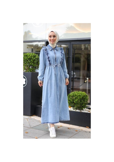 Harman Butik Kadın Fır Fırlı Belden Bağlamalı Denim Kot Elbise Kotmavi Kotmavi