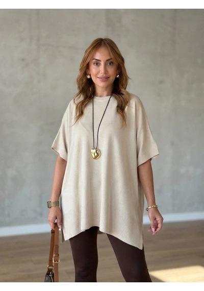 Zennamoda Kadın Bisiklet Yaka Kısa Yarasa Kollu Yanları Yırtmaçlı Oversize Dökümlü Merserize Bluz Bej Zennamoda Kadın Bisiklet Yaka Kısa Yarasa Kollu Yanları Yırtmaçlı Oversize Dökümlü Merserize Bluz Bej