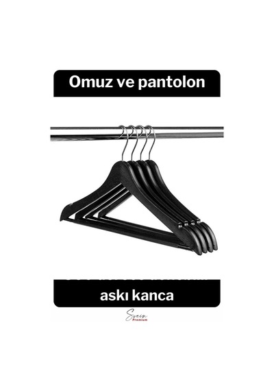 Premium Ahşap Görünümlü Kırılmaz Dayanıklı Plastik A Kalite Siyah Kıyafet Elbise Askı 12'li
