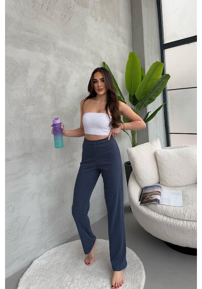 Kadın İndigo Yüksek Bel Fitilli Bol Paça Günlük İnce Eşofman Altı Pijama İndigo