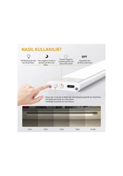 40 Cm Sensörlü Alüminyum Usb Şarjlı Led Gece Lambası 3 Renk Kısılabilir Mutfak Tezgah & Dolap İçi Çok Renkli