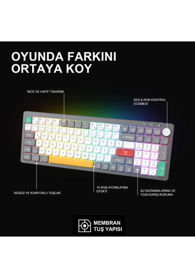 Lecoo GK100 3 Modlu Kablosuz RGB 100 Tuş Türkçe Q Membran 2000 mAh Gaming Oyuncu Klavyesi