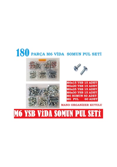 M6 Ysb Vida Somun Pul Seti 180 Parça M6 Boy 15-20-25-30 MM