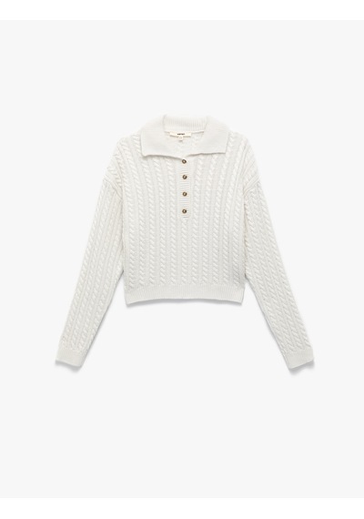 Koton Regular Fit Uzun Kollu Düğmeli Saç Örgü Polo Yaka Kazak Ekru 6wak90072ht Ekru