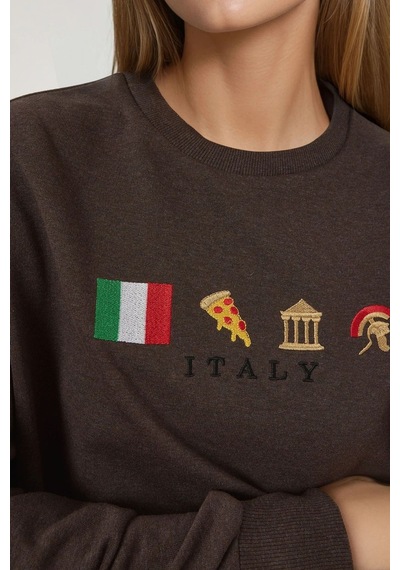 Hiccup İşlemeli Yuvarlak Yaka Sweatshirt Kestane Kahvesi