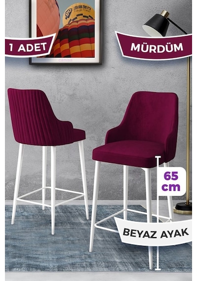 Canisa Tera Serisi 1 Adet 65 Cm Mürdüm Ada Mutfak Bar Sandalyesi Babyface Kumaş Beyaz Metal Ayaklı Sandalyeler Mürdüm Ayaklar Beyaz