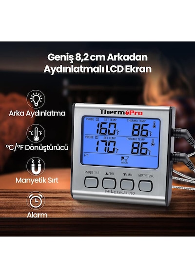 NPO ThermoPro TP17 Alarmlı, Aydınlatmalı, Çift Çelik Problu ve Pr