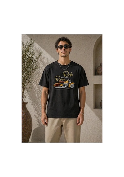 Butik İstanbul Erkek Motosiklet Baskılı Tişört Bisiklet Yaka Kısa Kol Yazlık T-shirt - Siyah