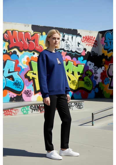 Benerly Kadın Bisiklet Yaka Düşük Kol Nakışlı Regular Kalıp Sweatshirt Fo Lacivert