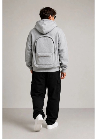 Barlashive Erkek 3 İplik Şardonlu Tam Fermuarlı Kapüşonlu Arka Çanta Detaylı Sweatshirt - Gri Çok Renkli