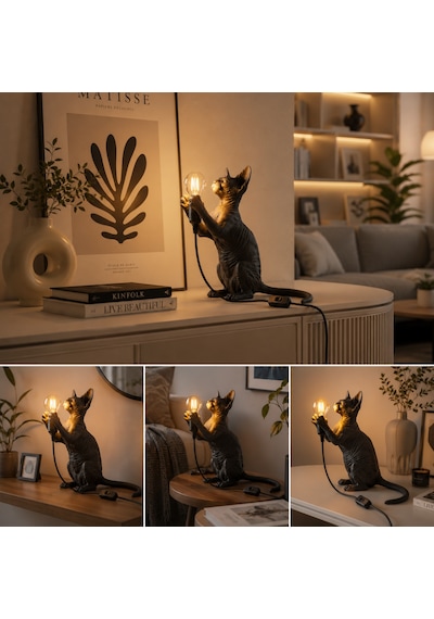 Siyah Sfenks Kedi Tasarımlı Masa Lambası