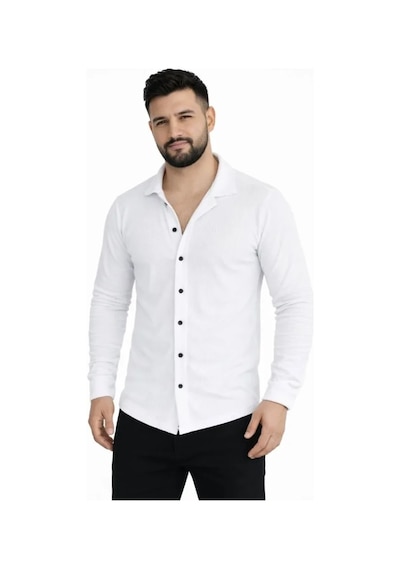 Etiler Collection Erkek Waffle Kumaş Uzun Kollu Düğmeli Açık Yaka Regular Fit Gömlek - Beyaz