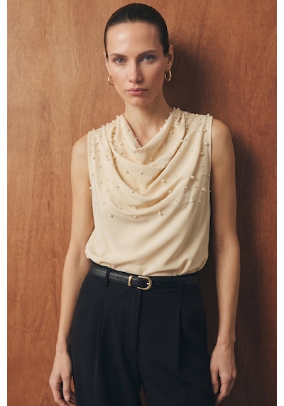 Sateen İnci Detaylı Bluz - Bej-137355