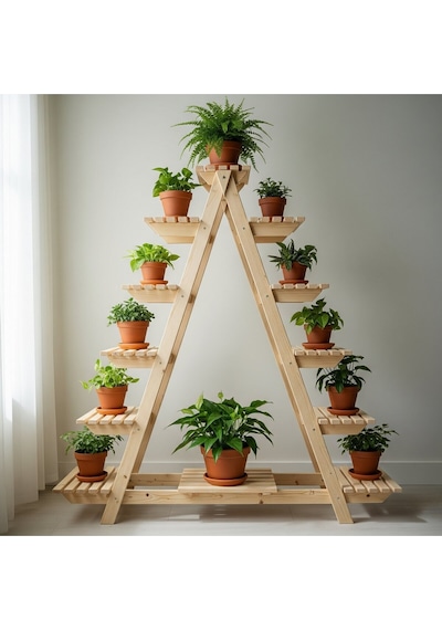 11 Raflı Masif Çam Çiçeklik Standı - 150x120 Cm Büyük Boy - 25 Cm Derin Raflı Ahşap Raf Bej