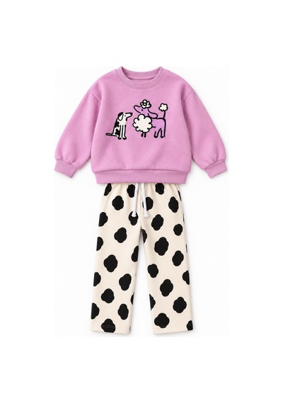 Sevimli Baskılı Şeker Pembe Sweatshirt & Desenli Eşofman Altı Kız Çocuk Alt Üst Takım