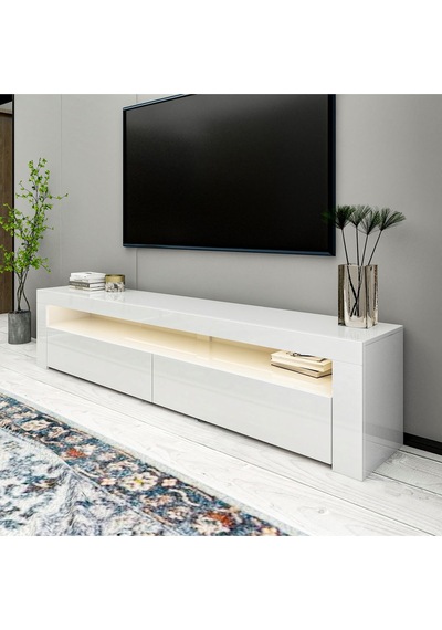 Batı LED Işıklı 2 Kapaklı TV Sehpası – 150 cm – Minimal Tasarım, Parlak Beyaz Batı LED Işıklı 2 Kapaklı TV Sehpası – 150 cm – Minimal Tasarım, Parlak Beyaz