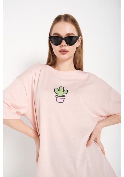 Flood Of Style Kadın Pembe Cactus Logo Baskılı Oversize T-shirt