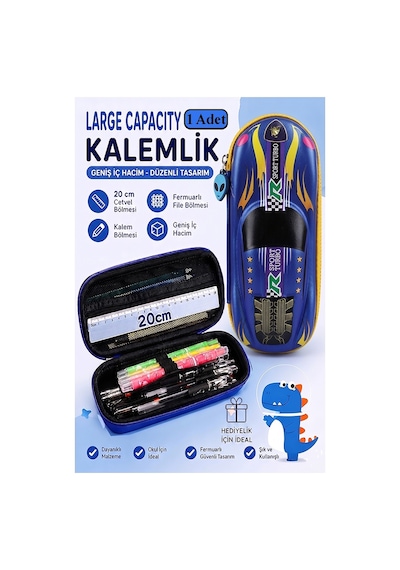 Araba Kabartmalı Bölmeli Kalemlik 1 Adet P-5953 Erkek Çocuk Okul Kalem Kutusu 3 Boyutlu Sevimli Karikatür Hediyelik Mavi