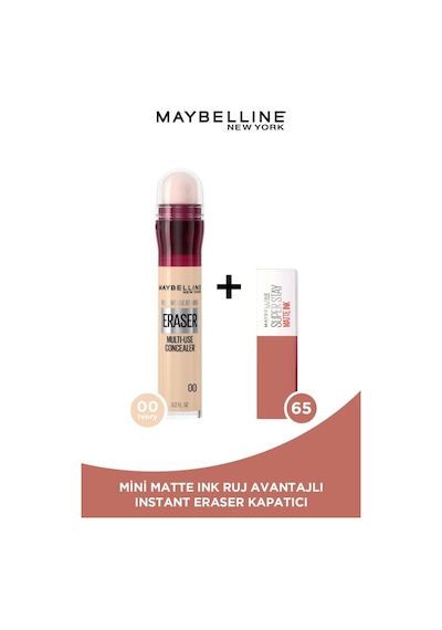 Maybelline New York Instant Eraser Kapatıcı - 00 Ivory & Mini Super Stay Matte Ink Likit Mat Ruj 65 Seductress pktiar01crlbnc-9344 00 Ivory