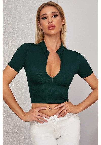 Modi Kadın Yeşil Yarım Fermuarlı Ve Kısa Kollu Crop Top Bluz