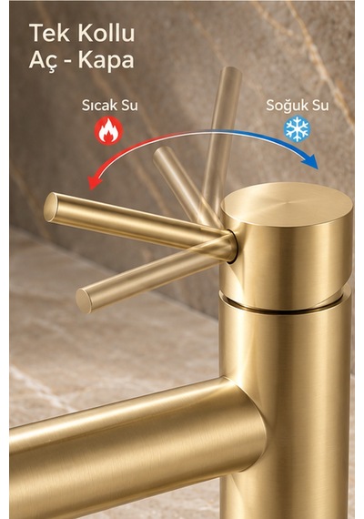 Lavabo Bataryası Mat Gold Fırçalı Altın 304 Paslanmaz Aç Kapa Banyo Bataryası Leke Tutmaz Mat Altın