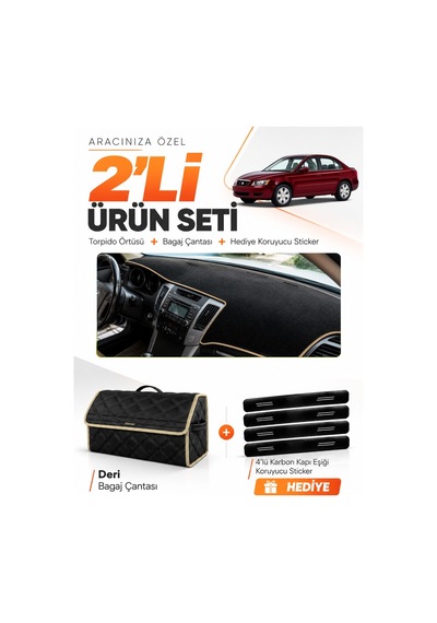 Hyundai Sonata 2007-2012 Uyumlu Torpido Örtüsü + Deri Bagaj Çantası + Sticker Seti - Siyah Bej