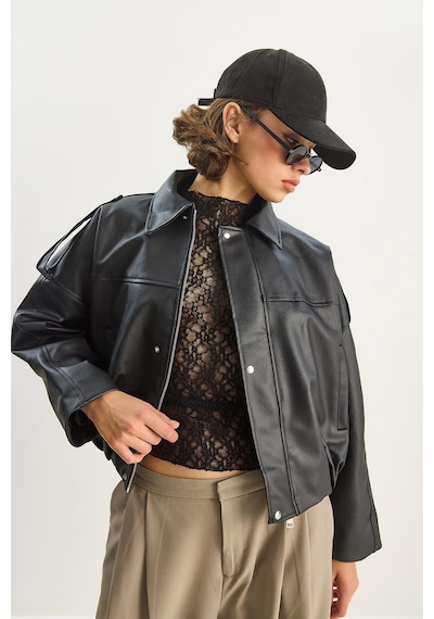 Shade Kadın Apolet Detaylı Cepli Oversize Suni Deri Bomber Ceket 1055 60283650 - Siyah