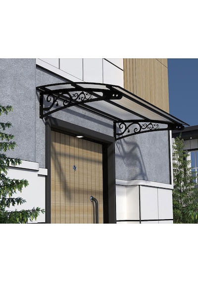 Metal Taşıyıcılı Kapı Üstü Pratik Sundurma Siyah - Şeffaf Levha 150 X 70 Md2