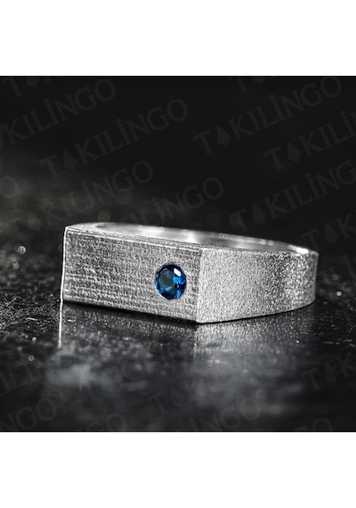 Takılingo 925 Ayar Gümüş Mavi Zirkon Taşlı Sade Erkek Yüzük Gümüş